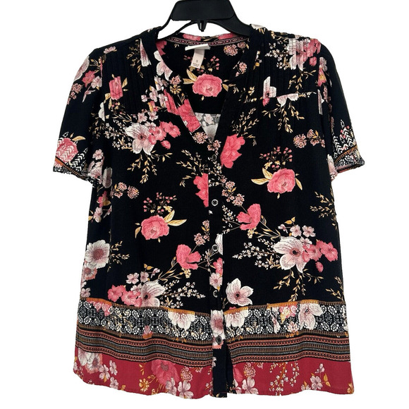 Knox Rose Boho Button Up Shirt Floral Black Pink Mixed Pattern Size S - Picture 1 of 9